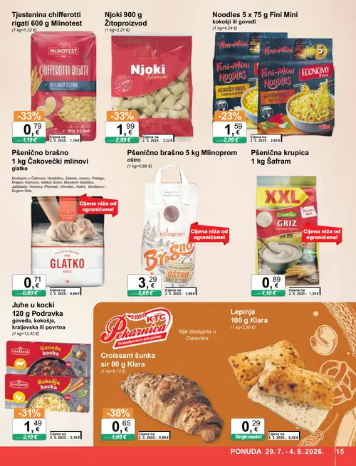 KTC katalog — stranica 15: Klara Croissant šunka sir, Mlinotest Tjestenina chifferotti rigati, Žitoproizvod Njoki, Podravka Juhe u kocki goveđa, kokošja, kraljevska ili povrtna (vrijedi 29. 07. 2026.–04. 08. 2026.)