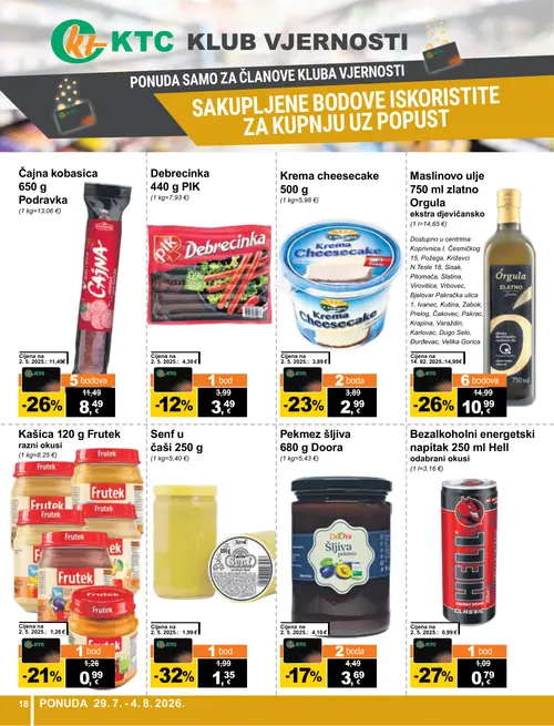 KTC katalog — stranica 18: Senf u čaši, Hell Bezalkoholni energetski napitak, Orgula Maslinovo ulje 750 ml zlatno Orgula ekstra djevicansko, Podravka Čajna kobasica (vrijedi 29. 07. 2026.–04. 08. 2026.)