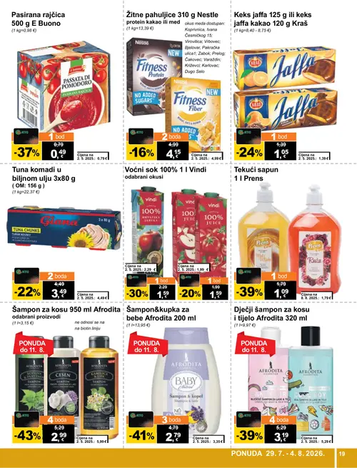 KTC katalog — stranica 19: Afrodita Šampon za kosu 950 ml, Afrodita Šampon & kupka za bebe 200 ml, Afrodita Dječji šampon za kosu i tijelo 320 ml, E Buono Pasirana rajčica 500 g (vrijedi 29. 07. 2026.–04. 08. 2026.)