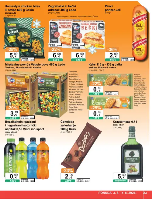 KTC katalog — stranica 23: Gavrilović Pileći parizer Jeli, Cekin Homestyle chicken bites ili strips 600 g Cekin, Kraš Čokolada za kuhanje 200 g Kraš, Jaffa Keks 115 g - 133 g Jaffa hrskave žitarice ili mrkva (vrijedi 29. 07. 2026.–04. 08. 2026.)