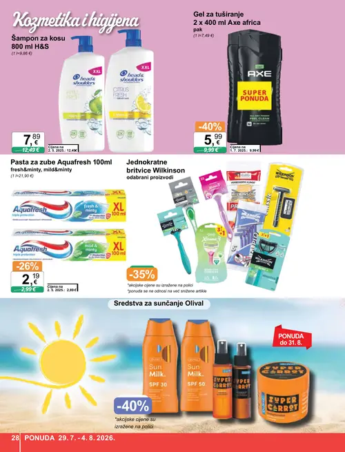 KTC katalog — stranica 28: Axe Gel za tuširanje 2 x 400 ml Axe africa pak, Head & Shoulders Šampon za kosu 800 ml H&S, Aquafresh Pasta za zube Aquafresh 100ml fresh&minty, mild&minty (vrijedi 29. 07. 2026.–04. 08. 2026.)