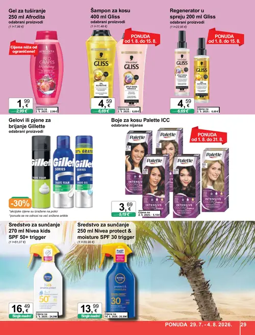 KTC katalog — stranica 29: Nivea Nivea kids Krema za sunčanje SPF 50+ trigger, Afrodita Afrodita Gel za tuširanje Red Grapes Revitalising, Nivea Nivea protect & moisture Krema za sunčanje SPF 30 trigger, Gliss Gliss Šampon za kosu Oil Nutritive (vrijedi 29. 07. 2026.–04. 08. 2026.)