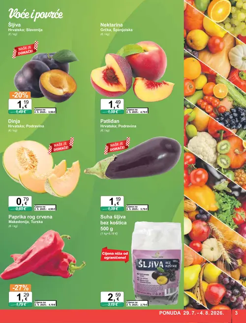KTC katalog — stranica 3: Paprika rog crvena, Šljiva, Marjan voće Suha šljiva bez koštica, Patliđan (vrijedi 29. 07. 2026.–04. 08. 2026.)