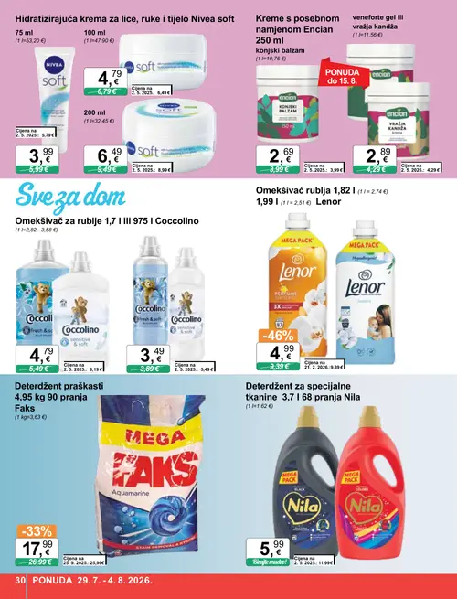 KTC katalog — stranica 30: Lenor Omekšivač rublja 1,82 l Lenor, NIVEA Hidratizirajuća krema za lice, ruke i tijelo Nivea soft 75 ml, Faks Deterdžent praškasti 4,95 kg 90 pranja Faks, encian veneforte gel ili vražja kandža (vrijedi 29. 07. 2026.–04. 08. 2026.)