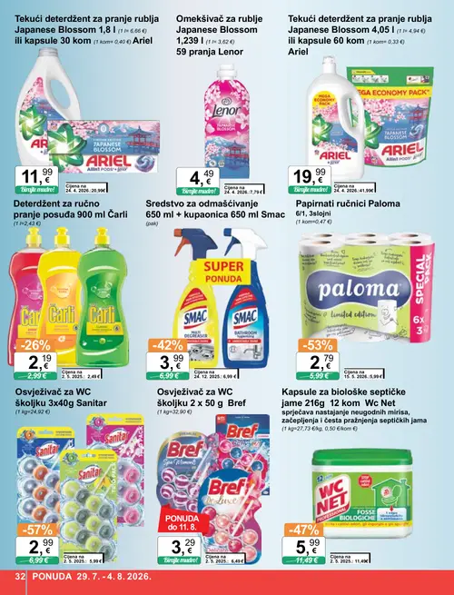 KTC katalog — stranica 32: Sanitar Osvježivač za WC školjku 3x40g, Paloma Papirnati ručnici, Ariel Tekući deterdžent za pranje rublja Japanese Blossom 4,05 l ili kapsule 60 kom, Bref Osvježivač za WC školjku 2 x 50 g (vrijedi 29. 07. 2026.–04. 08. 2026.)