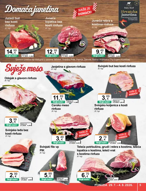 KTC katalog — stranica 5: Svinjska koljenica s kosti rinfuza, Carsko meso rinfuza, Svinjska leđa bez kosti rinfuza, Svinjski but bez kosti rinfuza (vrijedi 29. 07. 2026.–04. 08. 2026.)