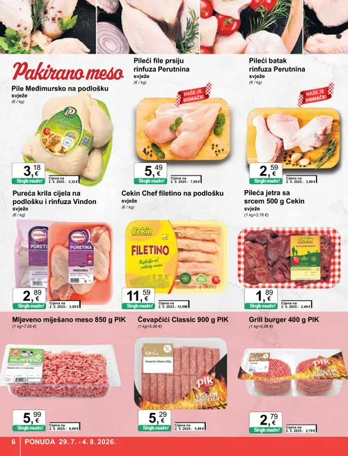 KTC katalog — stranica 6: Pileći batak rinfuza Perutnina svježe, Pileći file prsiju rinfuza Perutnina svježe, VINDON Pureća krila cijela na podlošku i rinfuza Vindon svježe, Cekin Pileća jetra sa srcem 500 g Cekin svježe (vrijedi 29. 07. 2026.–04. 08. 2026.)