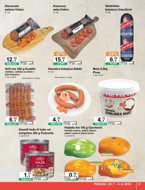 KTC katalog — stranica 9: Gavrilović Paštete Art 100 g Gavrilović kokošja classic, pileća classic, pileća roasty ili pileća junior, Pivac Mast 2,5kg Pivac, Pileća Junior, Narodna kobasica Sablić (vrijedi 29. 07. 2026.–04. 08. 2026.)