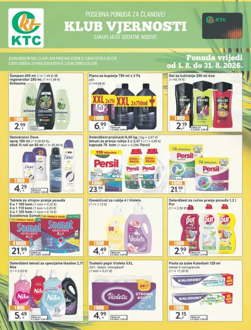 KTC katalog — stranica 10: Kalodont Pasta za zube Kalodont 125 ml herbal ili microgranule, Violeta Toaletni papir Violeta XXL 24/1, 3sl., Nila Deterdžent tekući za specijalne tkanine 2,71 Nila, Pur Deterdžent za ručno pranje posuđa 1,2 l Pur (vrijedi 06. 08. 2026.–11. 08. 2026.)