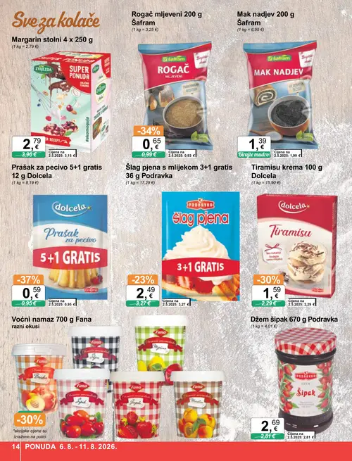 KTC katalog — stranica 14: Dolcela Prašak za pecivo 5+1 gratis 12 g, Šafram Rogač mljeveni 200 g, Dolcela Tiramisu krema 100 g, Šafram Mak nadjev 200 g (vrijedi 06. 08. 2026.–11. 08. 2026.)