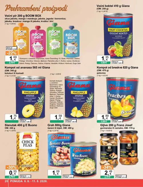 KTC katalog — stranica 20: Giana Kompot od breskve, Franz Josef Gljive gurmanske ili nameko, Giana Grah šareni ili bijeli, E Buono Slanutak (vrijedi 06. 08. 2026.–11. 08. 2026.)