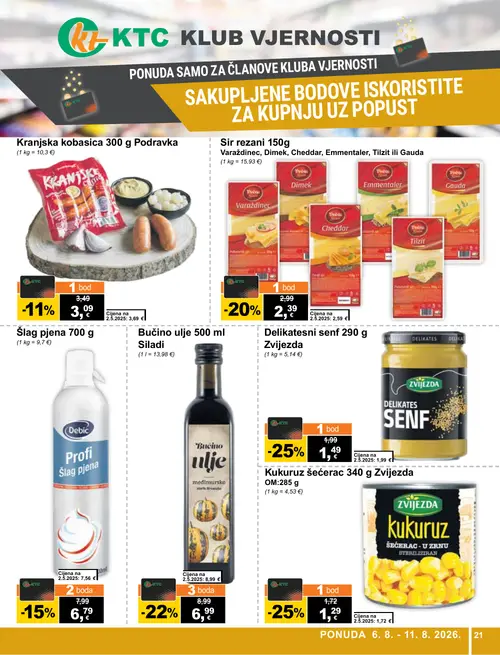 KTC katalog — stranica 21: Zvijezda Delikatesni senf, Zvijezda Kukuruz šećerac, Siladi Bučino ulje, Dimek Sir rezani Cheddar (vrijedi 06. 08. 2026.–11. 08. 2026.)