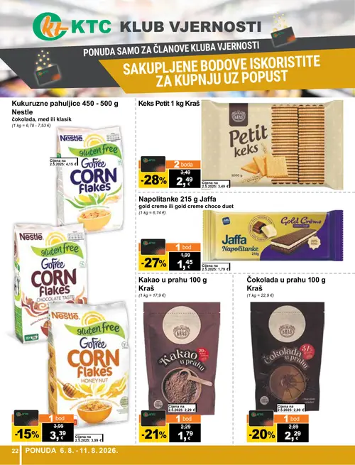 KTC katalog — stranica 22: Kraš Keks Petit 1 kg, Kraš Kakao u prahu 100 g, Kraš Čokolada u prahu 100 g, Nestle GoFree CORN FLAKES HONEY NUT (vrijedi 06. 08. 2026.–11. 08. 2026.)