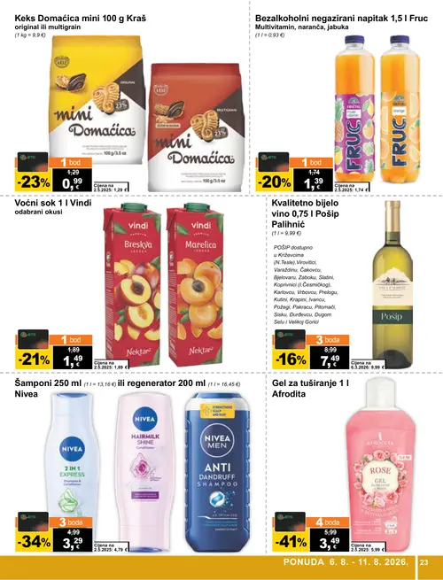 KTC katalog — stranica 23: Nivea Šamponi ili regenerator, Afrodita Gel za tuširanje, Kraš Keks Domaćica mini original ili multigrain, Vindi Voćni sok odabrani okusi (vrijedi 06. 08. 2026.–11. 08. 2026.)