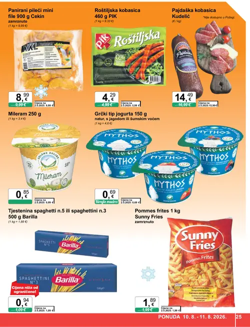KTC katalog — stranica 25: Kudelić Pajdaška kobasica, Mileram, PIK Roštiljska kobasica, Barilla Tjestenina spaghetti n.5 ili spaghettini n.3 (vrijedi 06. 08. 2026.–11. 08. 2026.)