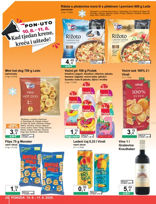 KTC katalog — stranica 26: Vindi Ledeni čaj, Monster Flips, Ledo Mini hot dog, Ledo Rižoto s plodovima mora (vrijedi 06. 08. 2026.–11. 08. 2026.)