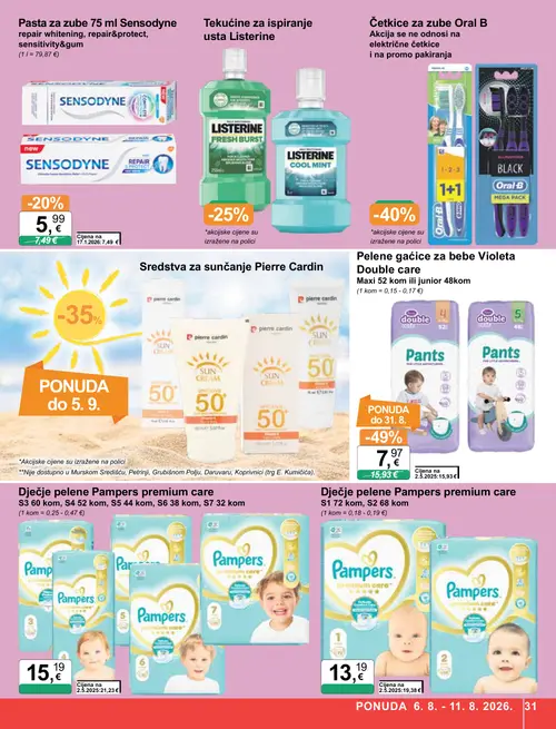 KTC katalog — stranica 31: Violeta Pelene gaćice za bebe Violeta Double care Maxi 52 kom ili junior 48kom, Pampers Dječje pelene Pampers premium care S1 72 kom, S2 68 kom, Pampers Dječje pelene Pampers premium care S3 60 kom, S4 52 kom, S5 44 kom, S6 38 kom, S7 32 kom, Sensodyne Pasta za zube Sensodyne repair 75 ml whitening, repair&protect, sensitivity&gum (vrijedi 06. 08. 2026.–11. 08. 2026.)