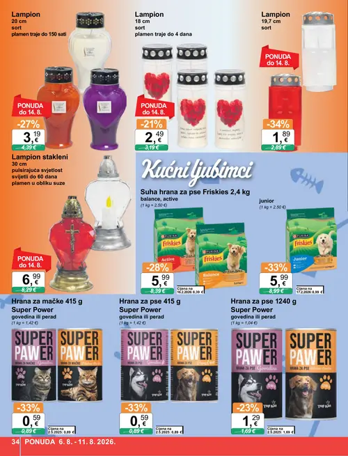 KTC katalog — stranica 34: Lampion, Hrana za mačke 415 g Super Power govedina ili perad, Hrana za pse 415 g Super Power govedina ili perad, PURINA Suha hrana za pse Friskies 2,4 kg junior (vrijedi 06. 08. 2026.–11. 08. 2026.)