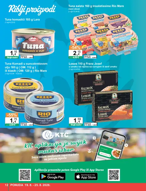 KTC katalog — stranica 12: Rio Mare Tuna komadi u suncokretovom ulju 160 g (OM: 112 g) ili klasik (OM: 120 g) (vrijedi 19. 08. 2026.–25. 08. 2026.)
