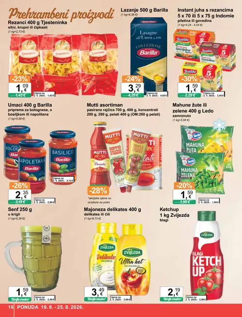 KTC katalog — stranica 16: Senf 250 g u krigli, Indomie Instant juha s rezancima 5 x 70 ili 5 x 75 g Indomie piletina ili govedina, Zvijezda Ketchup 1 kg Zvijezda blagi, Barilla Umaci 400 g Barilla priprema za bolognese, s bosiljkom ili napolitana (vrijedi 19. 08. 2026.–25. 08. 2026.)
