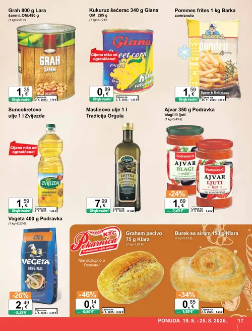 KTC katalog — stranica 17: KTC Pekarnica Graham pecivo 75 g Klara, Klara Burek sa sirom 150 g Klara, VEGETA Vegeta 400 g Podravka, Podravka Ajvar 350 g Podravka ljuti (vrijedi 19. 08. 2026.–25. 08. 2026.)