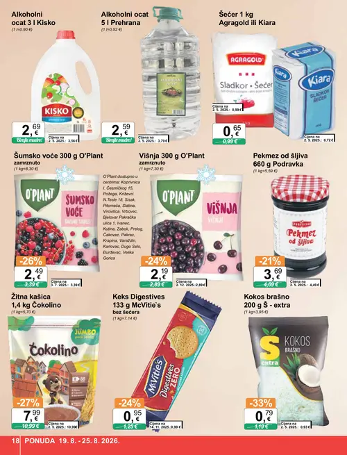 KTC katalog — stranica 18: Šećer 1 kg Agragold ili Kiara, Š - extra Kokos brašno 200 g Š - extra, Čokolino Žitna kašica 1,4 kg Čokolino, O'Plant Šumsko voće 300 g O'Plant (vrijedi 19. 08. 2026.–25. 08. 2026.)