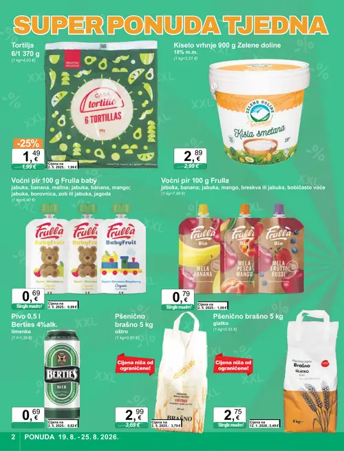 KTC katalog — stranica 2: Frulla Voćni pir bio mela banana, Tortilja 6/1, Frulla Voćni pir baby jabuka, banana, malina, Pšenično brašno glatko (vrijedi 19. 08. 2026.–25. 08. 2026.)