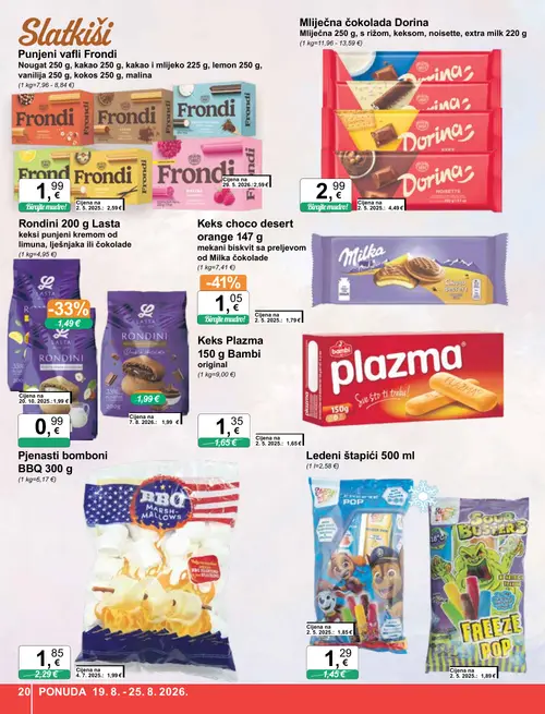 KTC katalog — stranica 20: Pjenasti bomboni BBQ 300 g, Bambi Keks Plazma 150 g Bambi original, Ledeni štapići 500 ml (vrijedi 19. 08. 2026.–25. 08. 2026.)