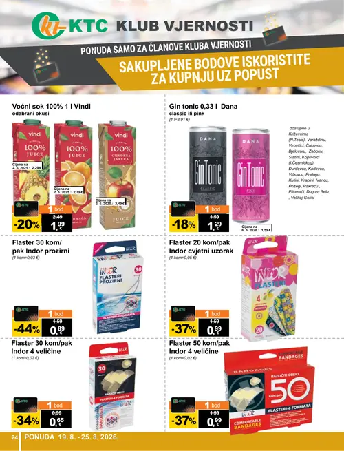 KTC katalog — stranica 24: Indor Flaster 30 kom/pak Indor prozirni, Indor Flaster 20 kom/pak Indor cvjetni uzorak, Indor Flaster 50 kom/pak Indor 4 veličine, Indor Flaster 30 kom/pak Indor 4 veličine (vrijedi 19. 08. 2026.–25. 08. 2026.)