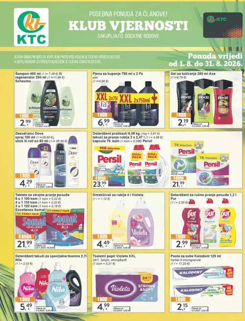 KTC katalog — stranica 25: Violeta Omekšivač za rublje 4 l Violeta, Nila Deterdžent tekući za specijalne tkanine 2,71 Nila, Somat Tablete za strojno pranje posuđa Somat Excellence, Pur Deterdžent za ručno pranje posuđa 1,2 l Pur (vrijedi 19. 08. 2026.–25. 08. 2026.)