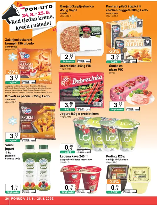 KTC katalog — stranica 26: Puding 125 g vanilija ili čokolada, Ledo Začinjeni pekarski krumpir 750 g Ledo, Ledo Panirani pileći štapići ili chicken nuggets 300 g Ledo, PIK Šunka za pizzu PIK (vrijedi 19. 08. 2026.–25. 08. 2026.)