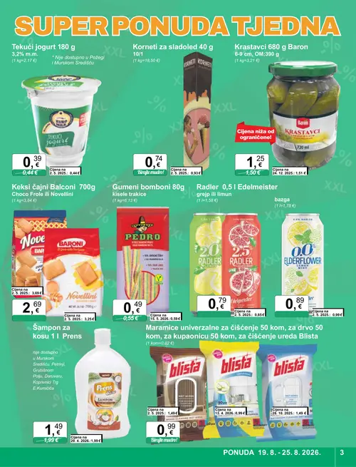KTC katalog — stranica 3: Blissta Maramice univerzalne za čišćenje, Blissta Maramice univerzalne za čišćenje, Balconi Keksi čajni Balconi Choco Froie ili Novellini, Prens Šampon za kosu (vrijedi 19. 08. 2026.–25. 08. 2026.)