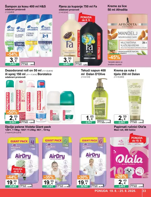 KTC katalog — stranica 33: Head & Shoulders Šampon za kosu H&S, Borotalco Dezodoransi roll on ili sprej, Violeta Dječje pelene Violeta Giant pack, Violeta Dječje pelene Violeta Giant pack (vrijedi 19. 08. 2026.–25. 08. 2026.)