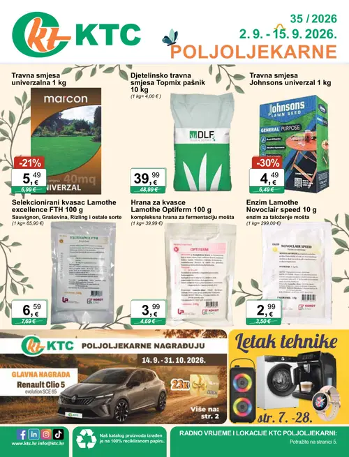 KTC katalog — stranica 1: Johnsons Travna smjesa Johnsons univerzal, LA KOKOT Selekcionirani kvasac Lamothe excellence FTH, marcon Travna smjesa univerzalna, DLF Djetelinsko travna smjesa Topmix pašnik (vrijedi 02. 09. 2026.–15. 09. 2026.)