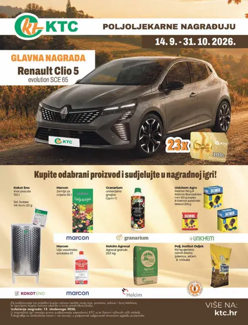 KTC katalog — stranica 2: Granarium univerzalno gnojivo Garri+ 11, Marcon Zemlja za cvijeće 50 l, Sel. kvasac VK ferm 20 g, Kokot Eno Inox posuda 150 l (vrijedi 02. 09. 2026.–15. 09. 2026.)