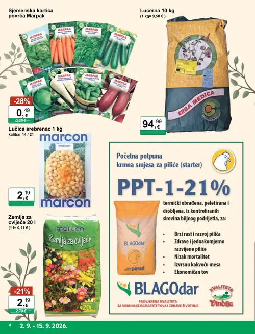 KTC katalog — stranica 4: marcon Lučica srebrjenac, marcon Zemlja za cvijeće, MEDITERRA Lucerna, BLAGOdAR PPT-1-21% (vrijedi 02. 09. 2026.–15. 09. 2026.)