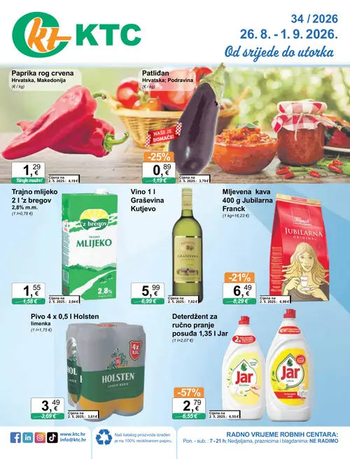 KTC katalog — stranica 1: Jar Deterdžent za ručno pranje posuđa 1,35 l Jar, Patliđan, Franck Mljevena kava 400 g Jubilarna Franck, Vino 1 l Graševina Kutjevo (vrijedi 26. 08. 2026.–01. 09. 2026.)