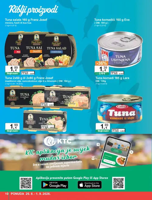 KTC katalog — stranica 10: Eva Tuna komadići 160 g Eva, Lara Tuna komadi 185 g Lara (vrijedi 26. 08. 2026.–01. 09. 2026.)