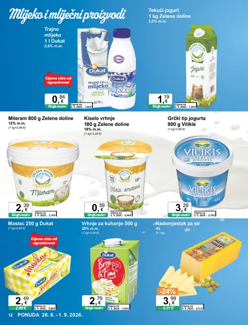 KTC katalog — stranica 12: Nadomjestak za sir, Vrhnje za kuhanje 500 g 20% m.m., Dukat Trajno mlijeko 1 L Dukat 2,8% m.m., Dukat Maslac 250 g Dukat (vrijedi 26. 08. 2026.–01. 09. 2026.)