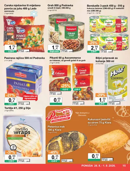 KTC katalog — stranica 15: Klara Pletenica mak 100 g Klara, Hole Biljni pripravak za kuhanje 500 ml, Podravka Pasirana rajčica 500 ml Podravka, Klara Kukuruzni jastučić sa sirom 75 g Klara (vrijedi 26. 08. 2026.–01. 09. 2026.)