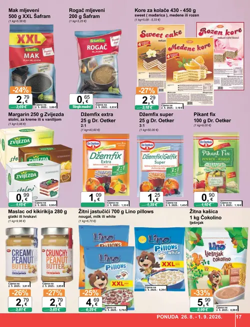KTC katalog — stranica 17: Lino Žitna kašica 1 kg Čokolino lješnjak, Dr. Oetker Džemfix extra 25 g Dr. Oetker 2:1, Dr. Oetker Džemfix super 25 g Dr. Oetker 3:1, Crunchy peanut butter (vrijedi 26. 08. 2026.–01. 09. 2026.)