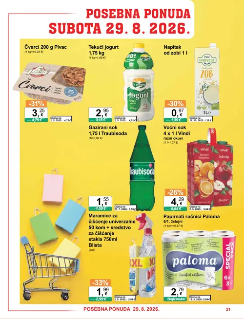 KTC katalog — stranica 21: Paloma Papirnati ručnici Paloma 6/1, 3slonjni, Blis Maramice za čišćenje univerzalne 50 kom + sredstvo za čišćenje stakla 750ml Blista, Čvarci 200 g Pivac, Pure Harvest Napitak od zobi 1 l (vrijedi 26. 08. 2026.–01. 09. 2026.)