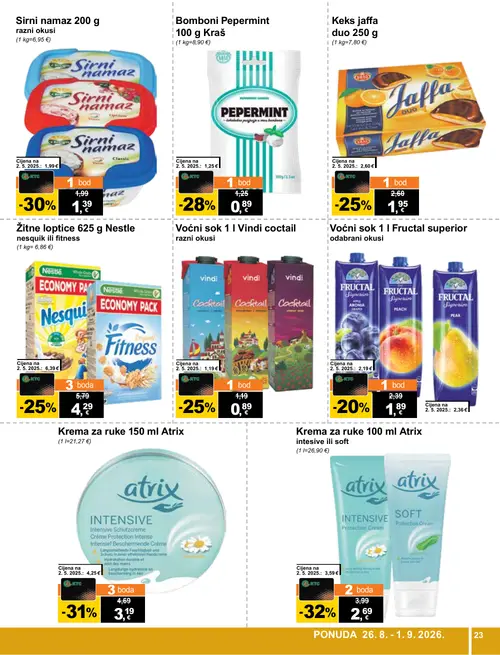 KTC katalog — stranica 23: Atrix Krema za ruke 100 ml Atrix intesive ili soft, Atrix Krema za ruke 150 ml Atrix, Sirni namaz razni okusi, Kraš Bomboni Pepermint (vrijedi 26. 08. 2026.–01. 09. 2026.)