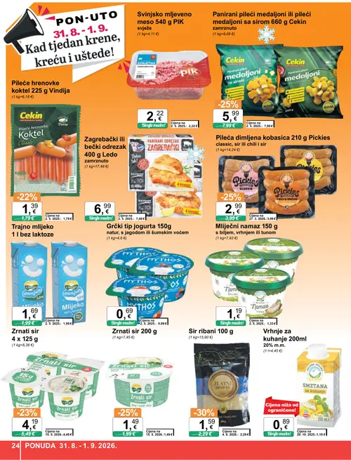 KTC katalog — stranica 24: Sir ribani 100 g, Vrhnje za kuhanje 200ml 20% m.m., Pickies Pileća dimljena kobasica 210 g Pickies classic, sir ili chili i sir, Cekin Panirani pileći medaljoni sa sirom 660 g Cekin (vrijedi 26. 08. 2026.–01. 09. 2026.)