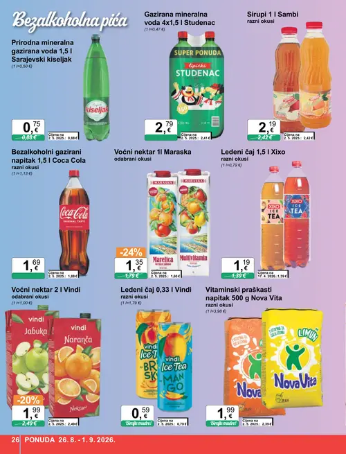 KTC katalog — stranica 26: Vindi Ledeni čaj 0,33 l Vindi razni okusi, Studenac Gazirana mineralna voda 4x1,5 l Studenac (vrijedi 26. 08. 2026.–01. 09. 2026.)