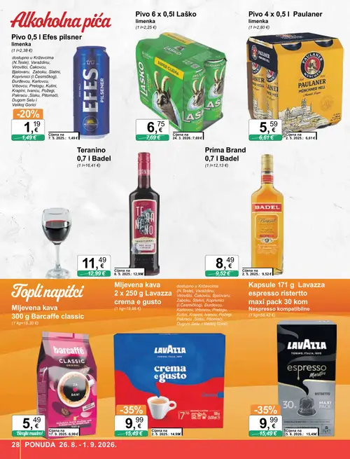 KTC katalog — stranica 28: Lavazza Kapsule 171 g Lavazza espresso ristertto maxi pack 30 kom, Lavazza Mljevena kava 2 x 250 g Lavazza crema e gusto, Barcaffè Mljevena kava 300 g Barcaffè classic, Pivo 0,5 l Efes pilsner limenka (vrijedi 26. 08. 2026.–01. 09. 2026.)
