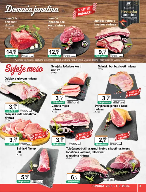 KTC katalog — stranica 3: Svinjska leđa bez kosti rinfuza, Carsko meso rinfuza, Teleća potrbušina, grudi i rebra s kostima, teleća lopatica s kostima, teleći vrat s kostima rinfuza, Svinjski file vp PIK (vrijedi 26. 08. 2026.–01. 09. 2026.)