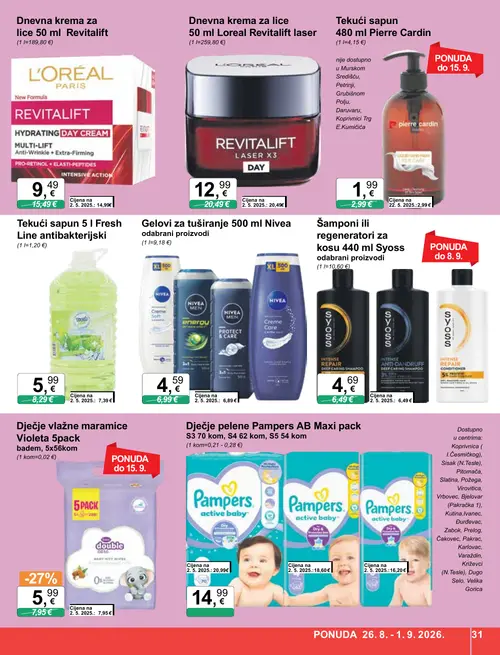 KTC katalog — stranica 31: L'ORÉAL PARIS Dnevna krema za lice 50 ml Revitalift, L'ORÉAL Dnevna krema za lice 50 ml Loreal Revitalift laser, NIVEA Gelovi za tuširanje 500 ml Nivea odabrani proizvodi, Pierre Cardin Tekući sapun 480 ml Pierre Cardin (vrijedi 26. 08. 2026.–01. 09. 2026.)