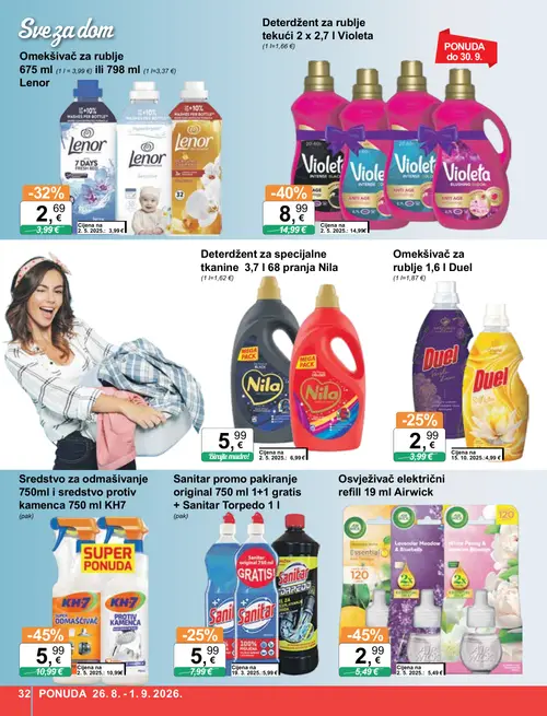 KTC katalog — stranica 32: Airwick Osvježivač električni refill 19 ml Airwick, KH7 Sredstvo za odmašivanje 750ml i sredstvo protiv kamenca 750 ml KH7, Violeta Deterdžent za rublje tekući 2 x 2,7 L Violeta, Lenor Omekšivač za rublje 675 ml Lenor (vrijedi 26. 08. 2026.–01. 09. 2026.)