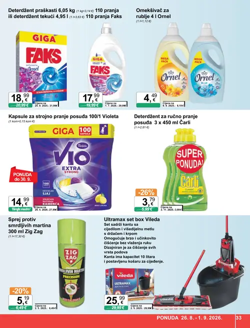 KTC katalog — stranica 33: Violeta Kapsule za strojno pranje posuđa 100/1 Violeta, Ornel Omekšivač za rublje Ornel, Čarli Deterdžent za ručno pranje posuđa 3 x 450 ml Čarli, Zig Zag Sprej protiv smrdljivih martina Zig Zag (vrijedi 26. 08. 2026.–01. 09. 2026.)